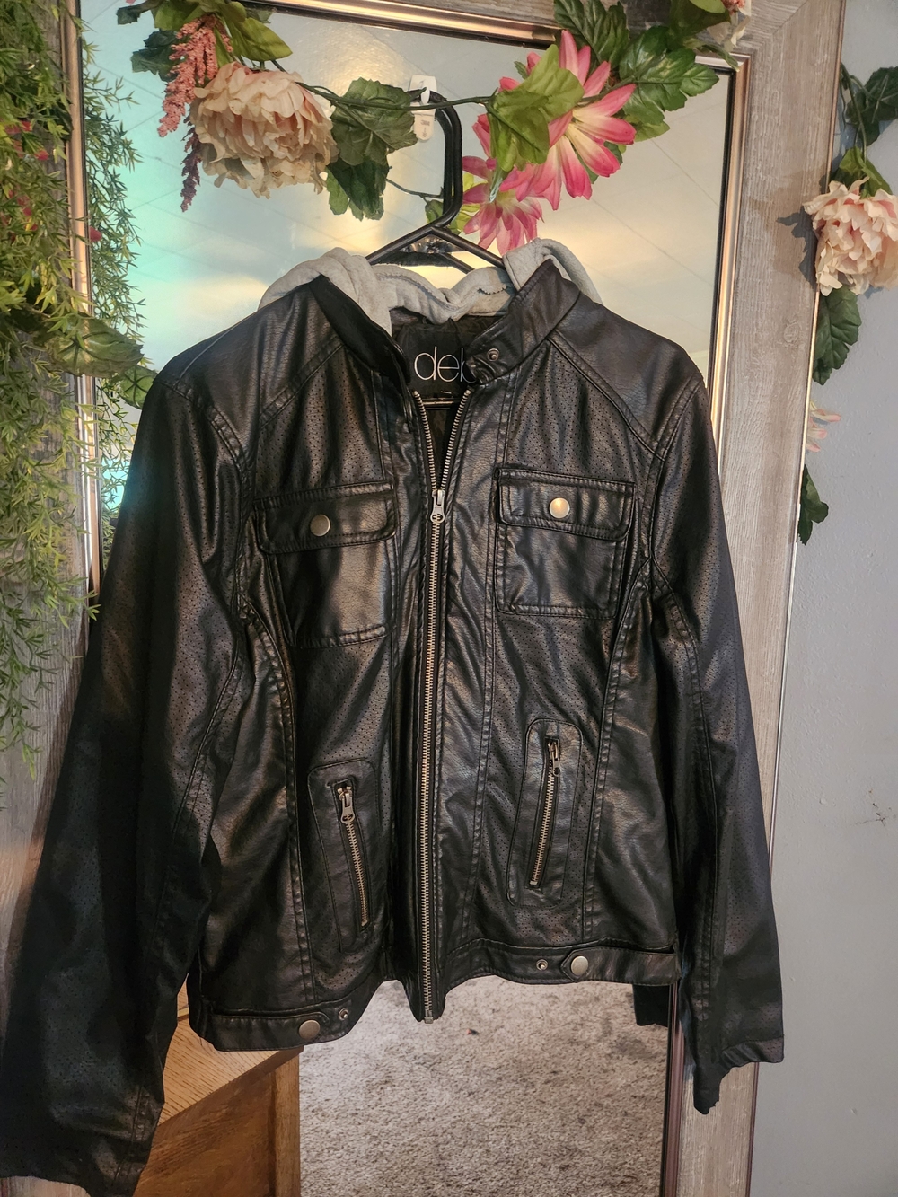 Deb Black Faux Leather Bomber Jacket with Gray Hood